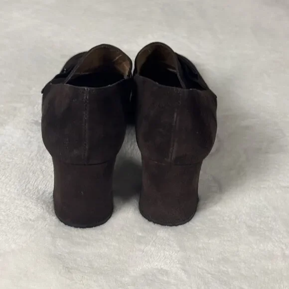 Stuart Weitzman Brown Suede Chain Link Pumps Block Heel Square Toe Womens Size 9 - Picture 6 of 12